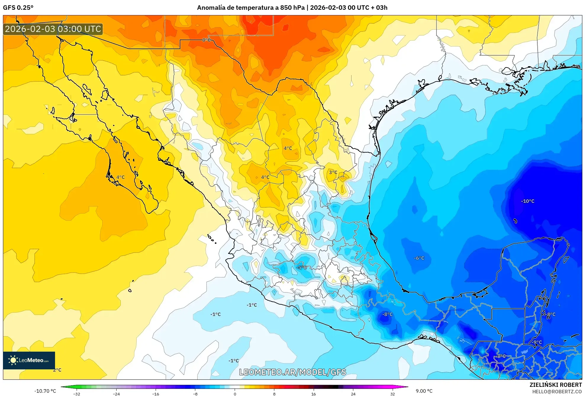 GFS model - México, Anomalía de temperatura a 850 hPa