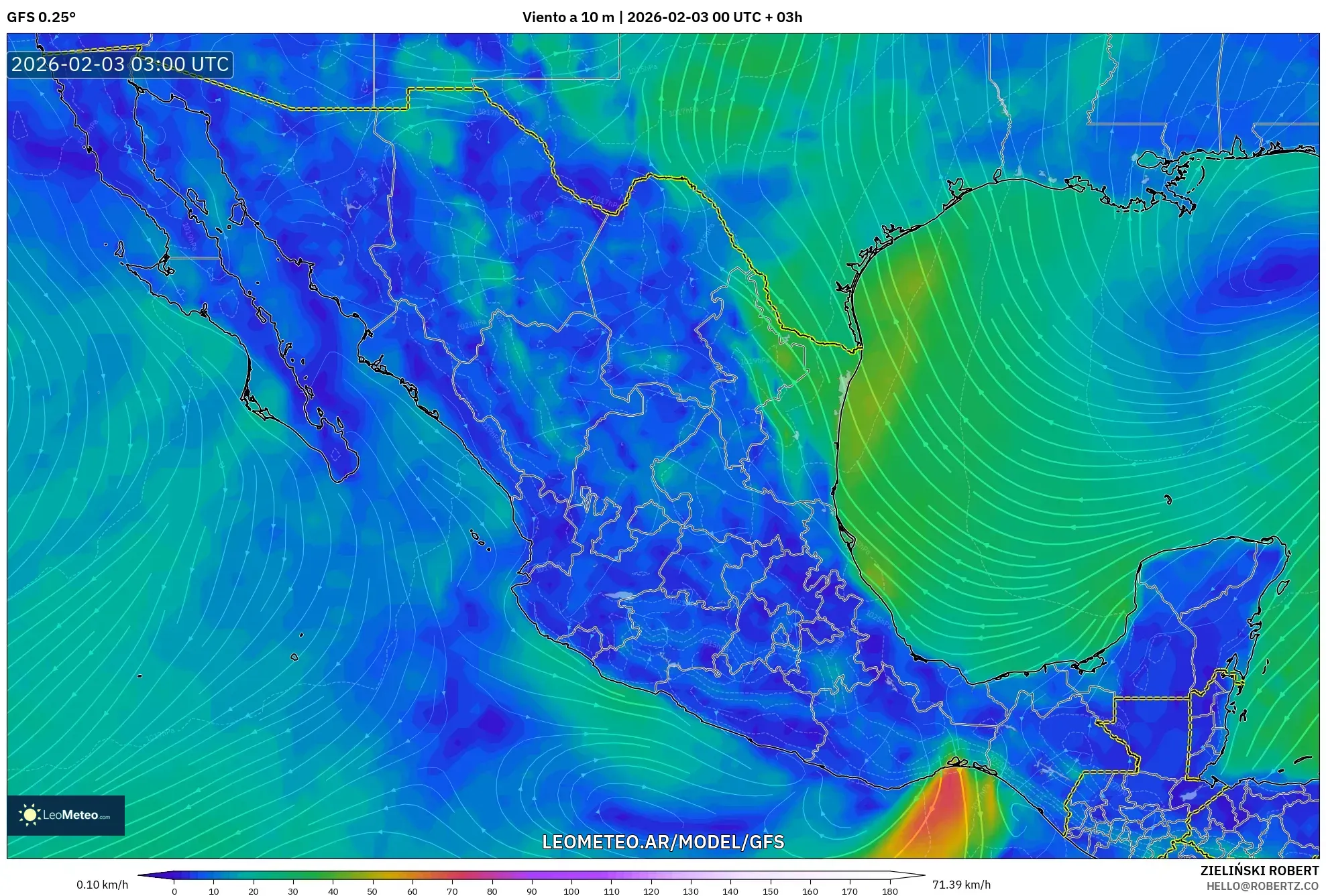 GFS model - México, Viento a 10 m