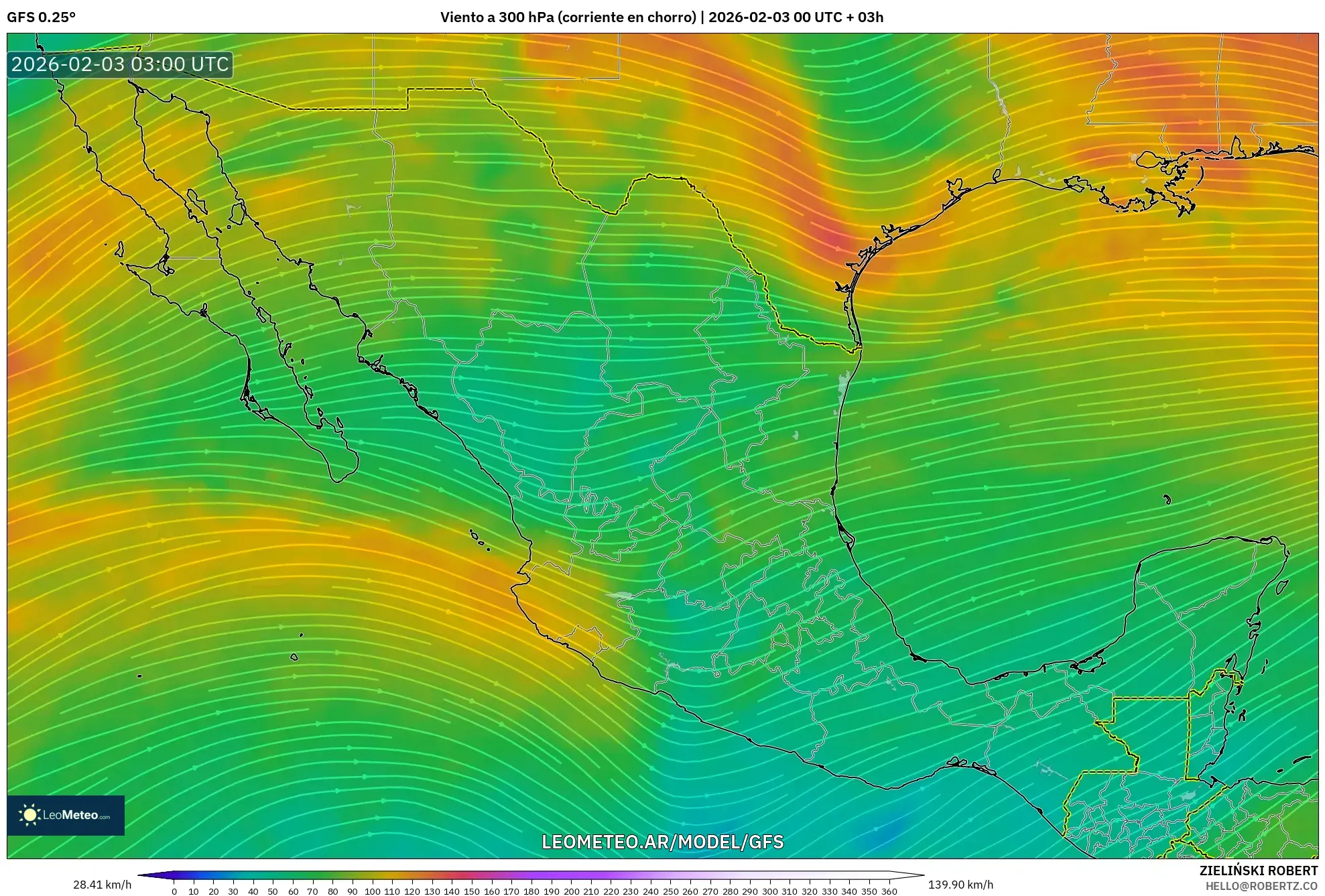 GFS model - México, Viento a 300 hPa (corriente en chorro)