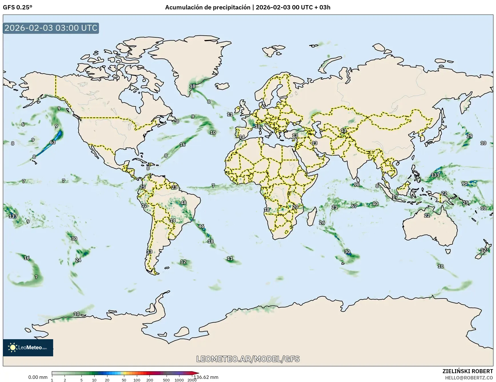 GFS model - Mundo, Acumulación de precipitación