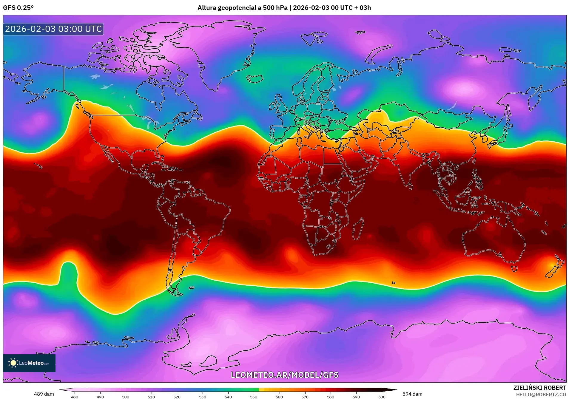GFS model - Mundo, Altura geopotencial a 500 hPa
