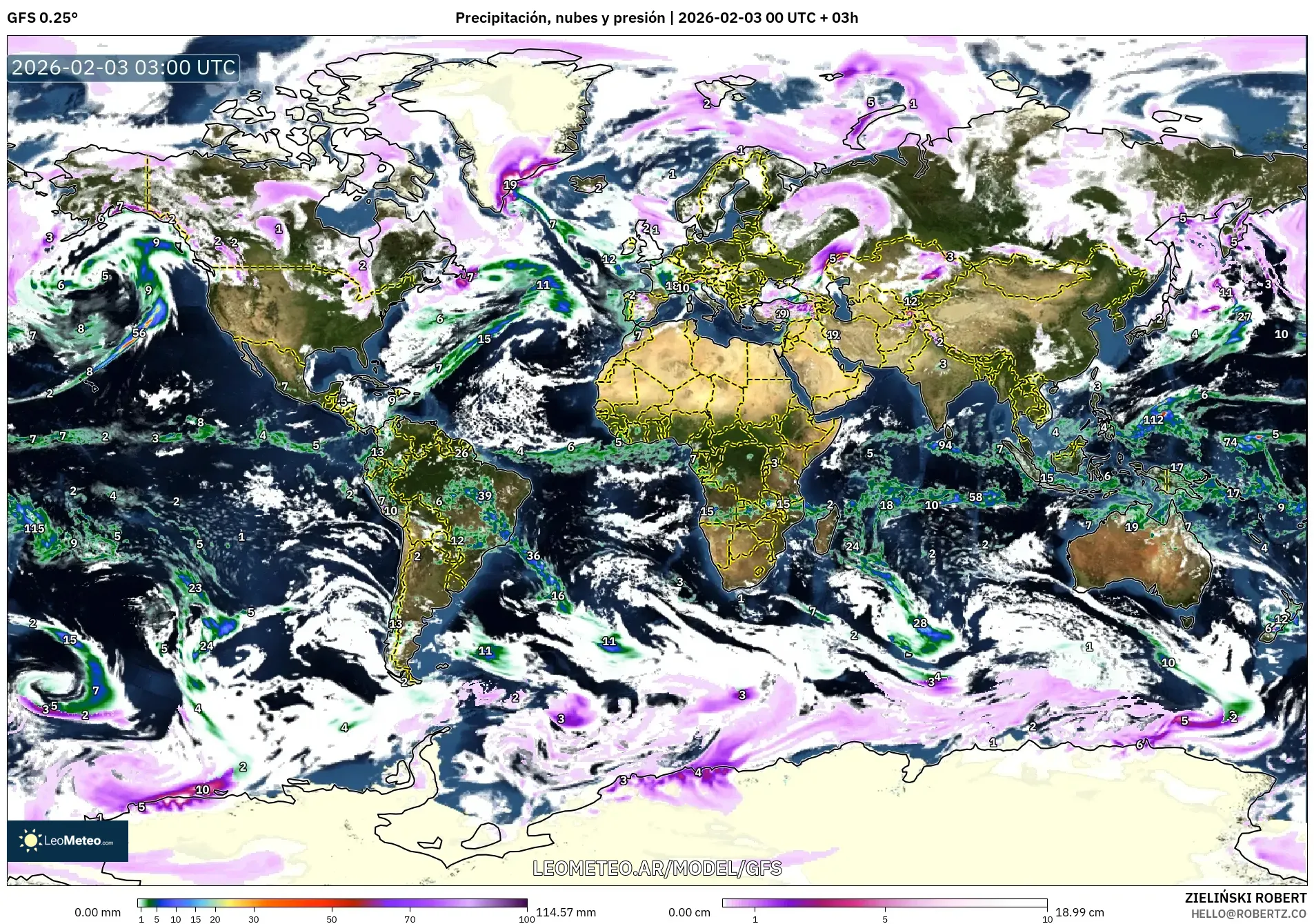 GFS model - Mundo, Precipitación, nubes y presión