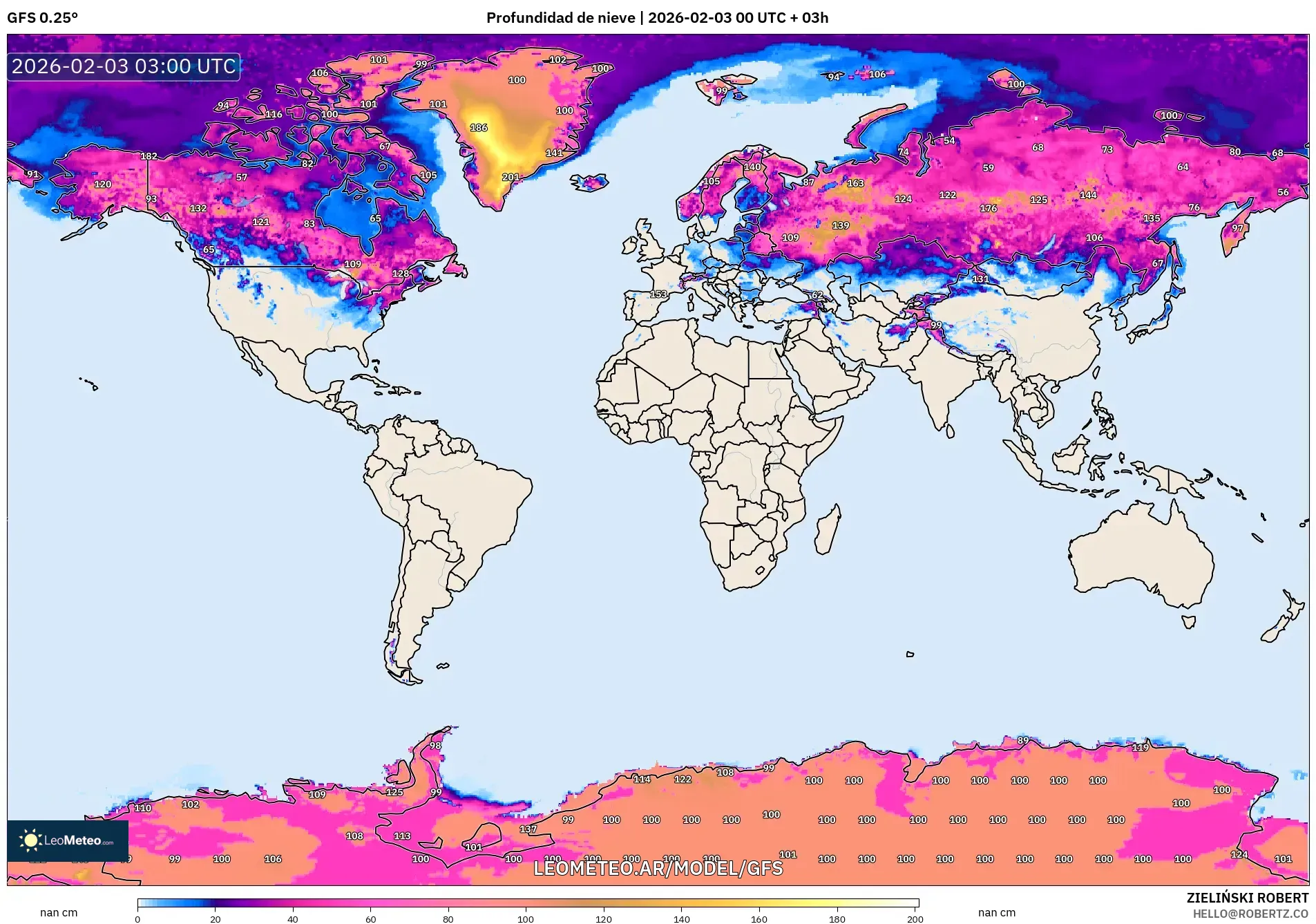GFS model - Mundo, Profundidad de nieve