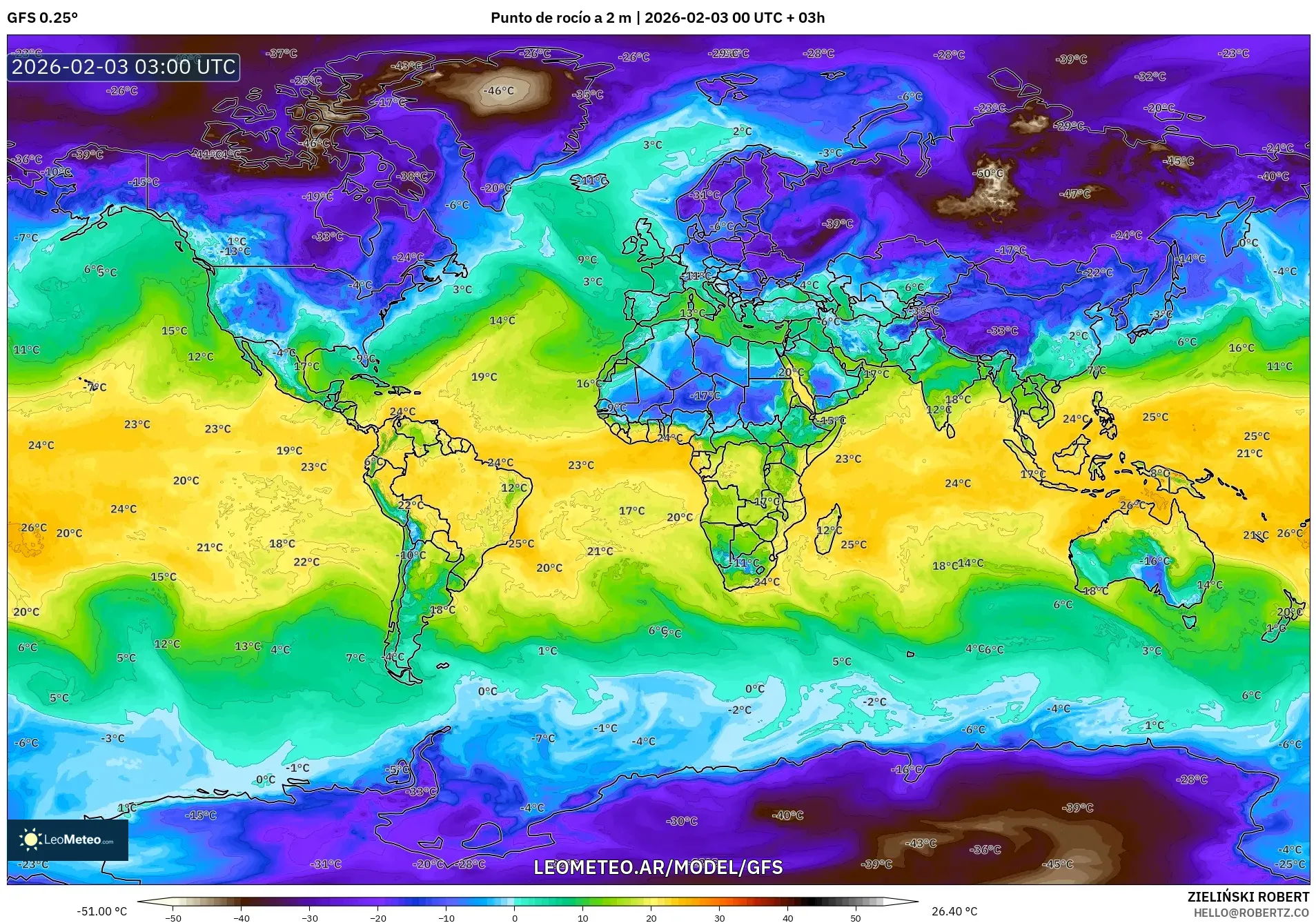 GFS model - Mundo, Punto de rocío a 2 m