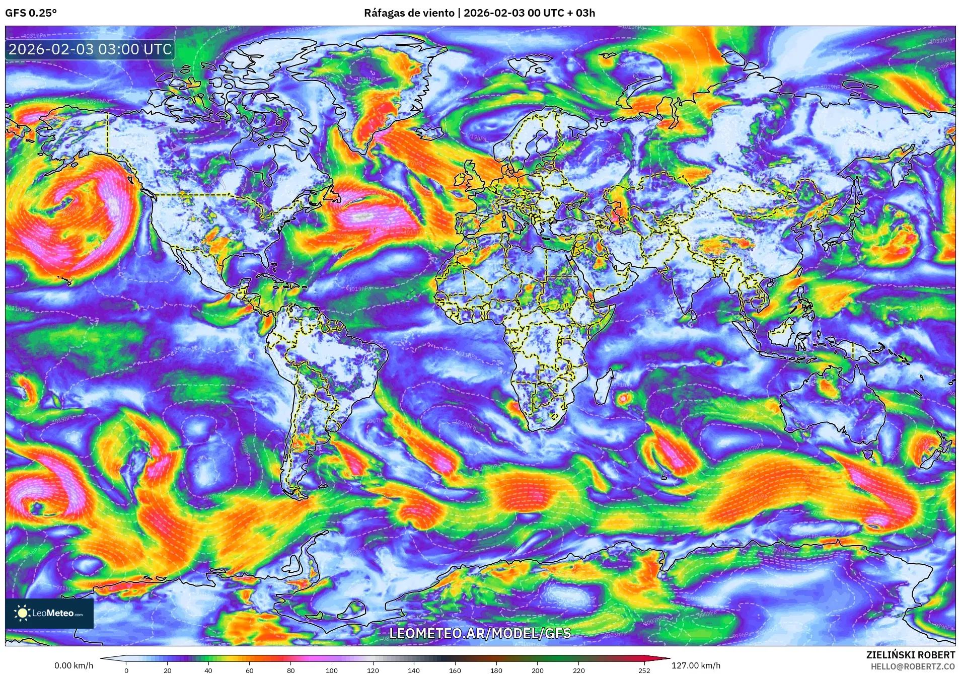 GFS model - Mundo, Ráfagas de viento