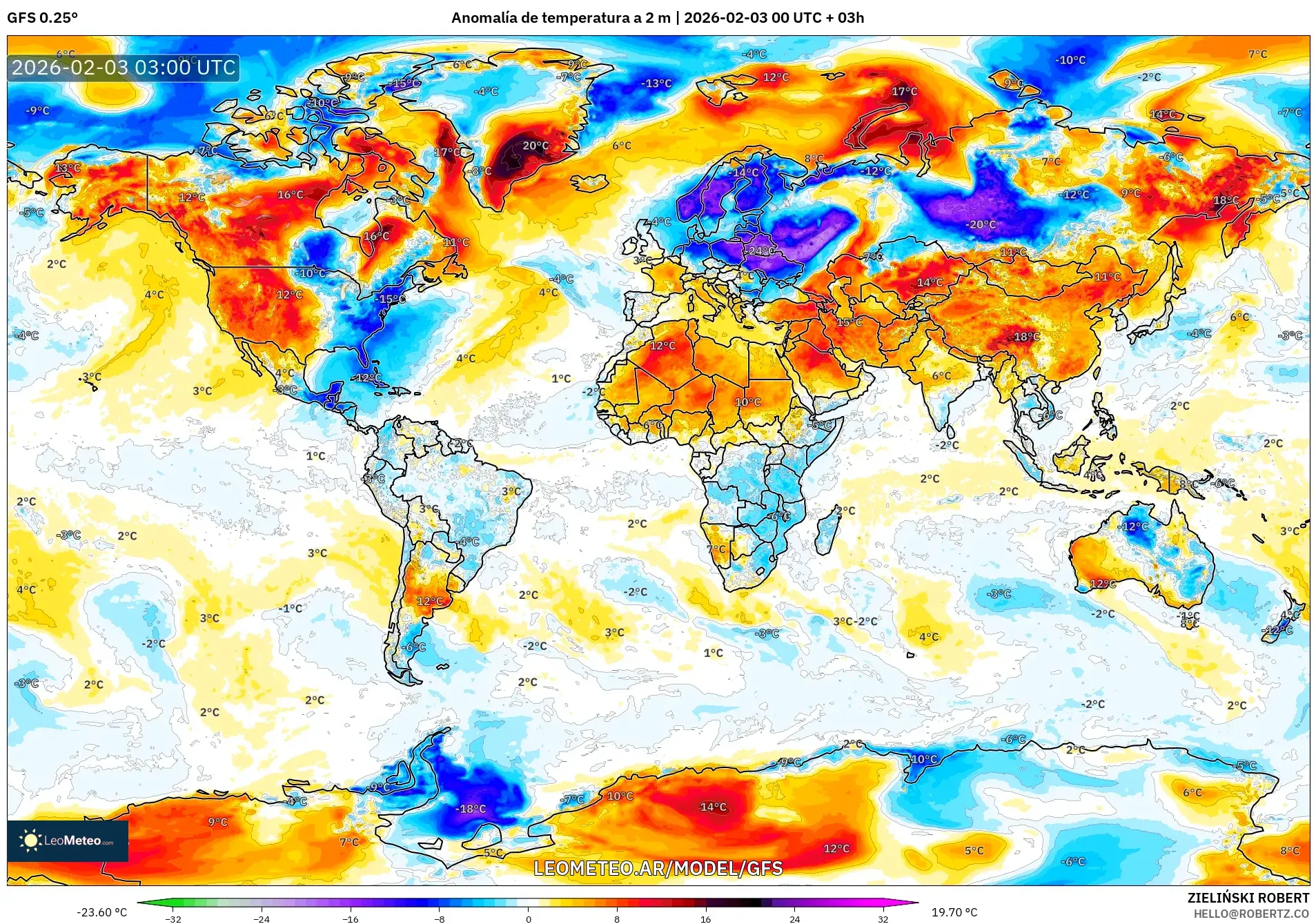 GFS model - Mundo, Anomalía de temperatura a 2 m