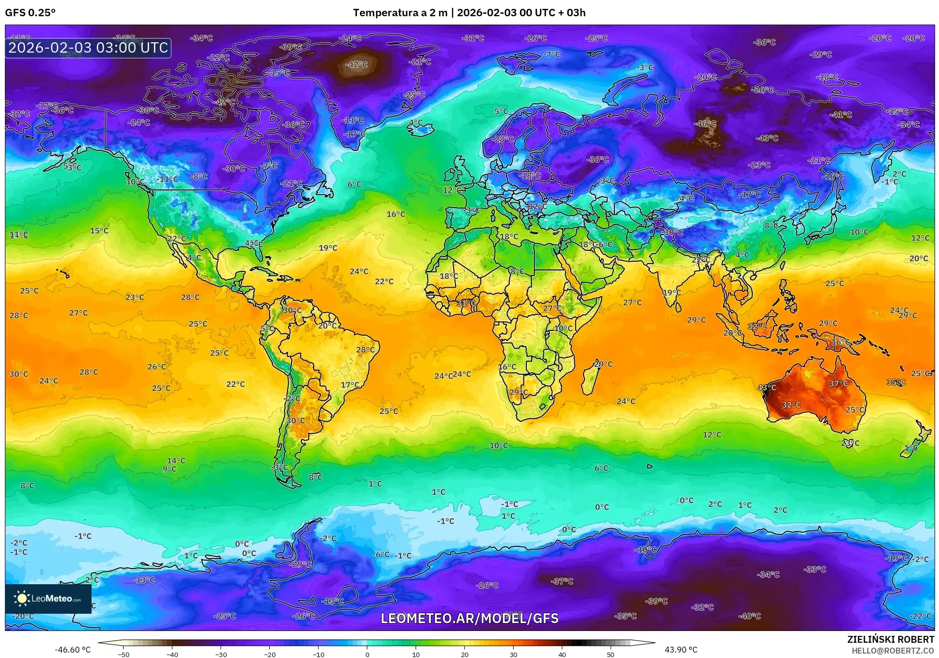 GFS model - Mundo, Temperatura a 2 m