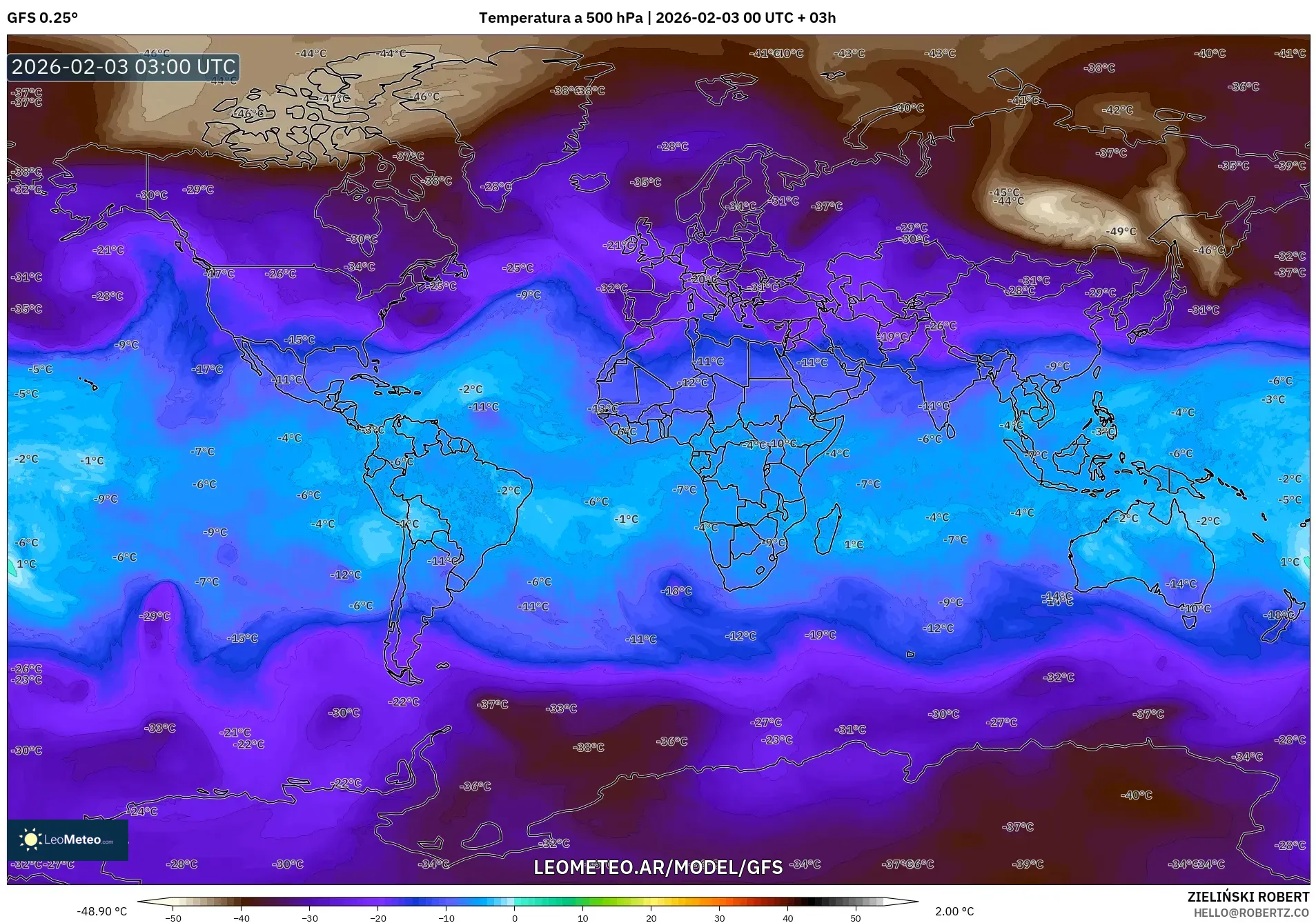 GFS model - Mundo, Temperatura a 500 hPa