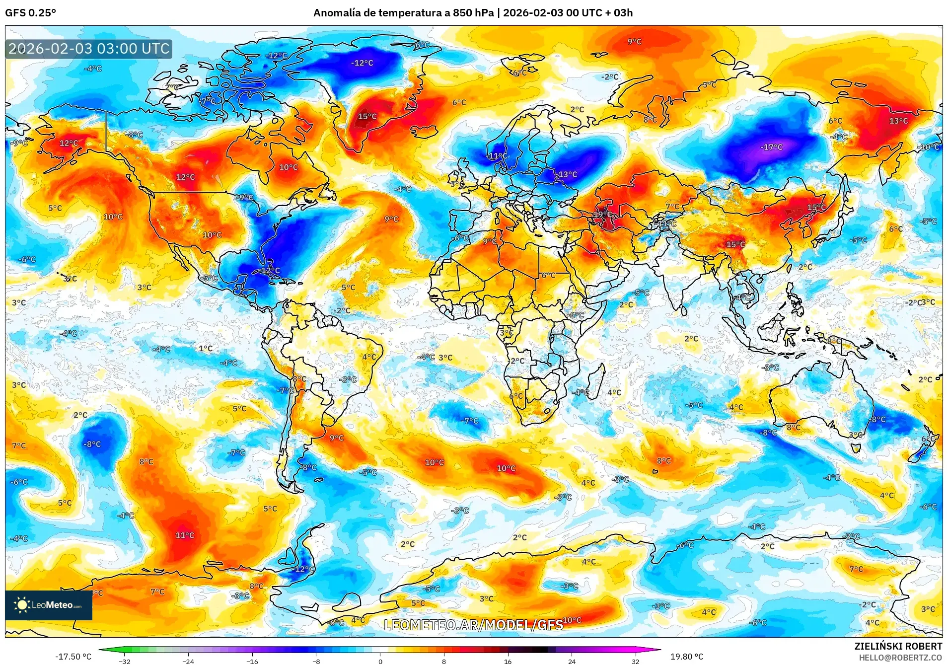GFS model - Mundo, Anomalía de temperatura a 850 hPa