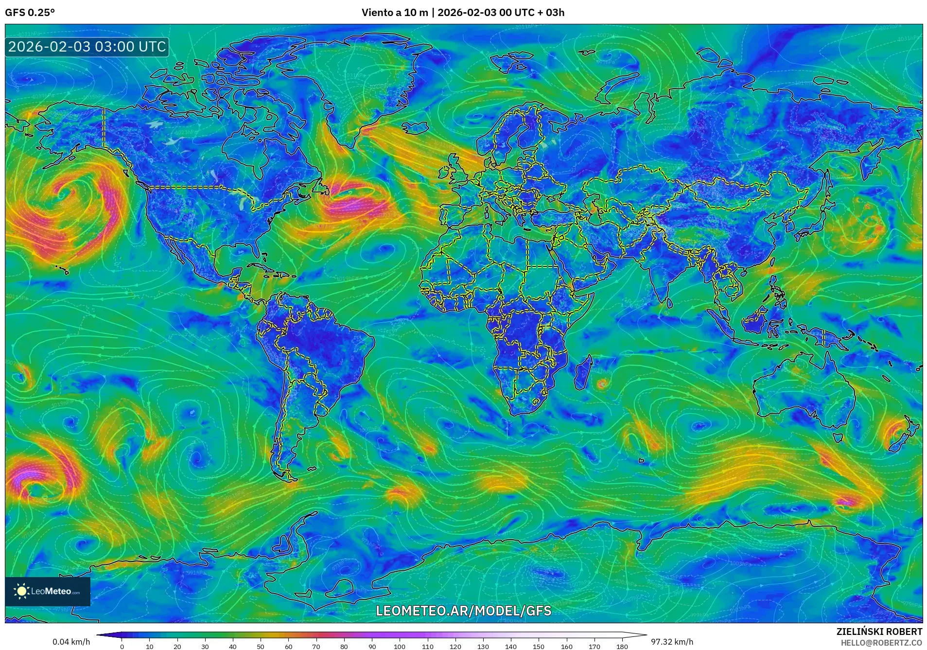 GFS model - Mundo, Viento a 10 m