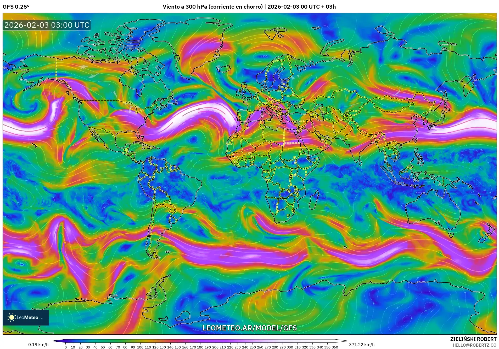GFS model - Mundo, Viento a 300 hPa (corriente en chorro)