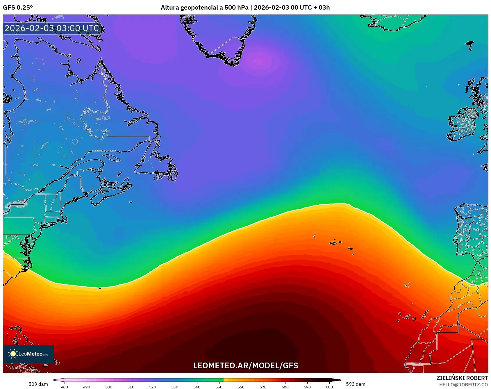 GFS model - Norte Atlántico, Altura geopotencial a 500 hPa