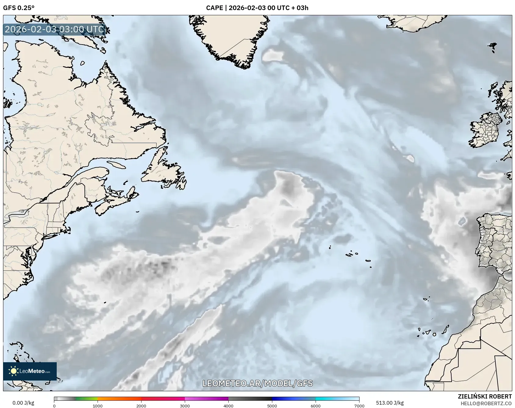GFS model - Norte Atlántico, CAPE