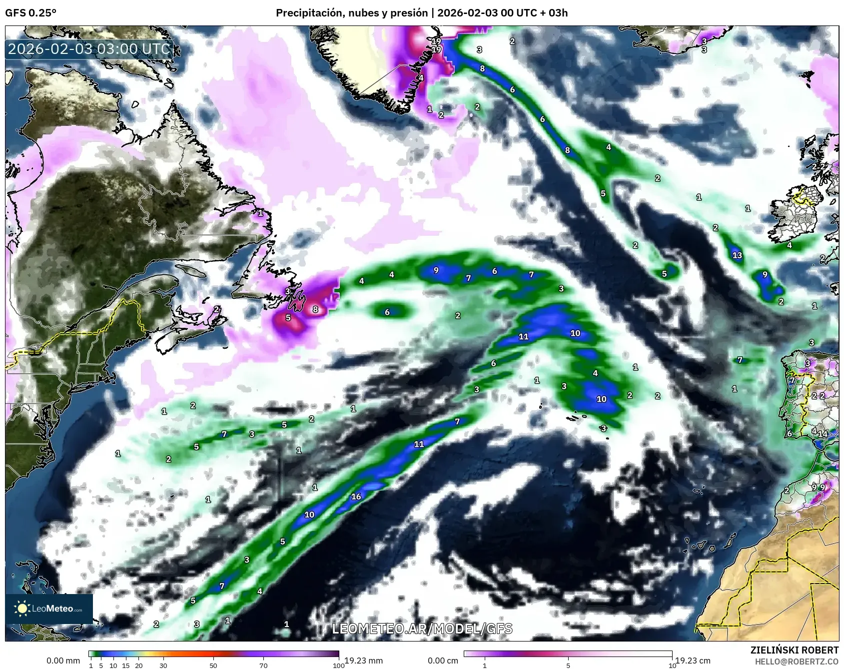 GFS model - Norte Atlántico, Precipitación, nubes y presión