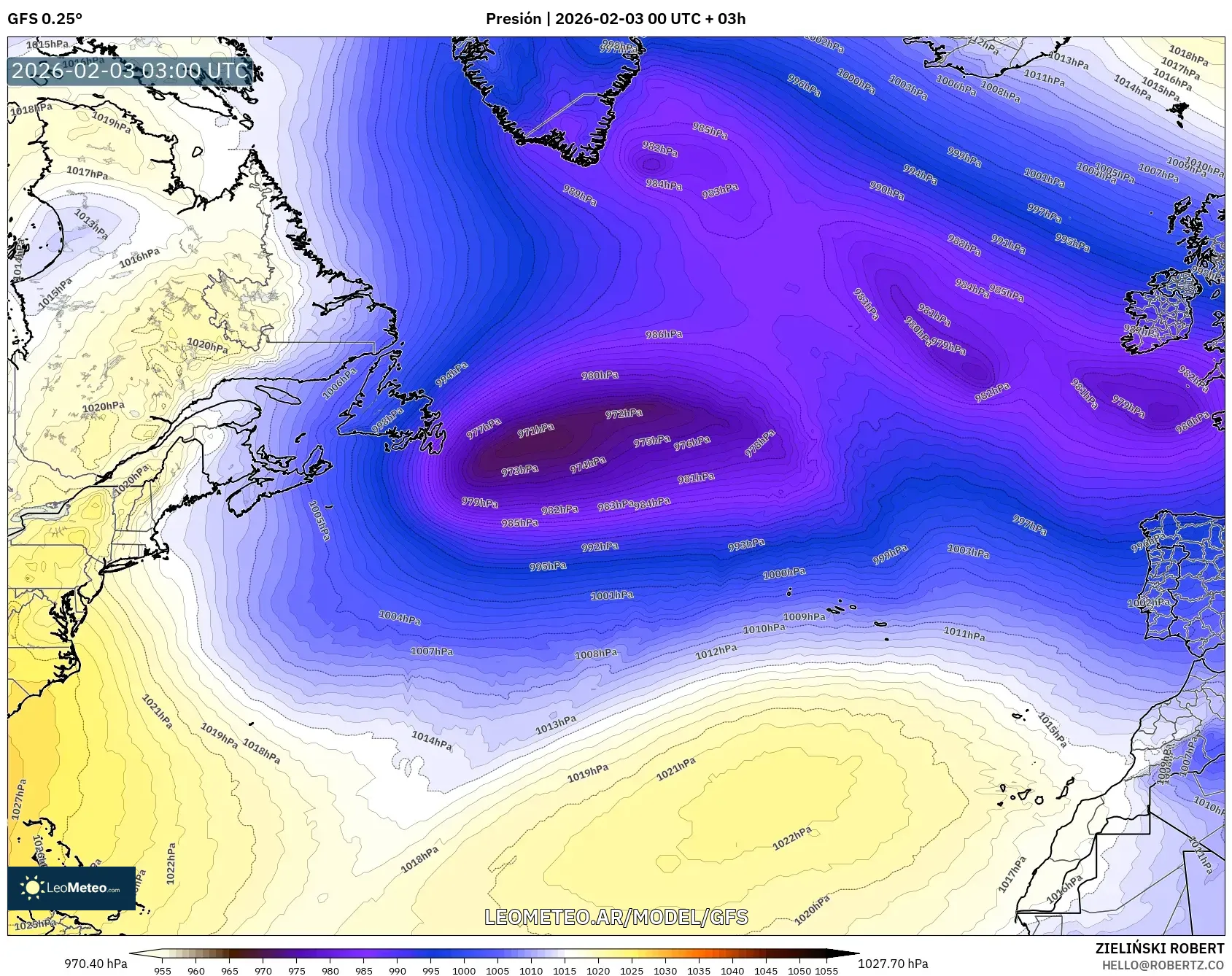 GFS model - Norte Atlántico, Presión
