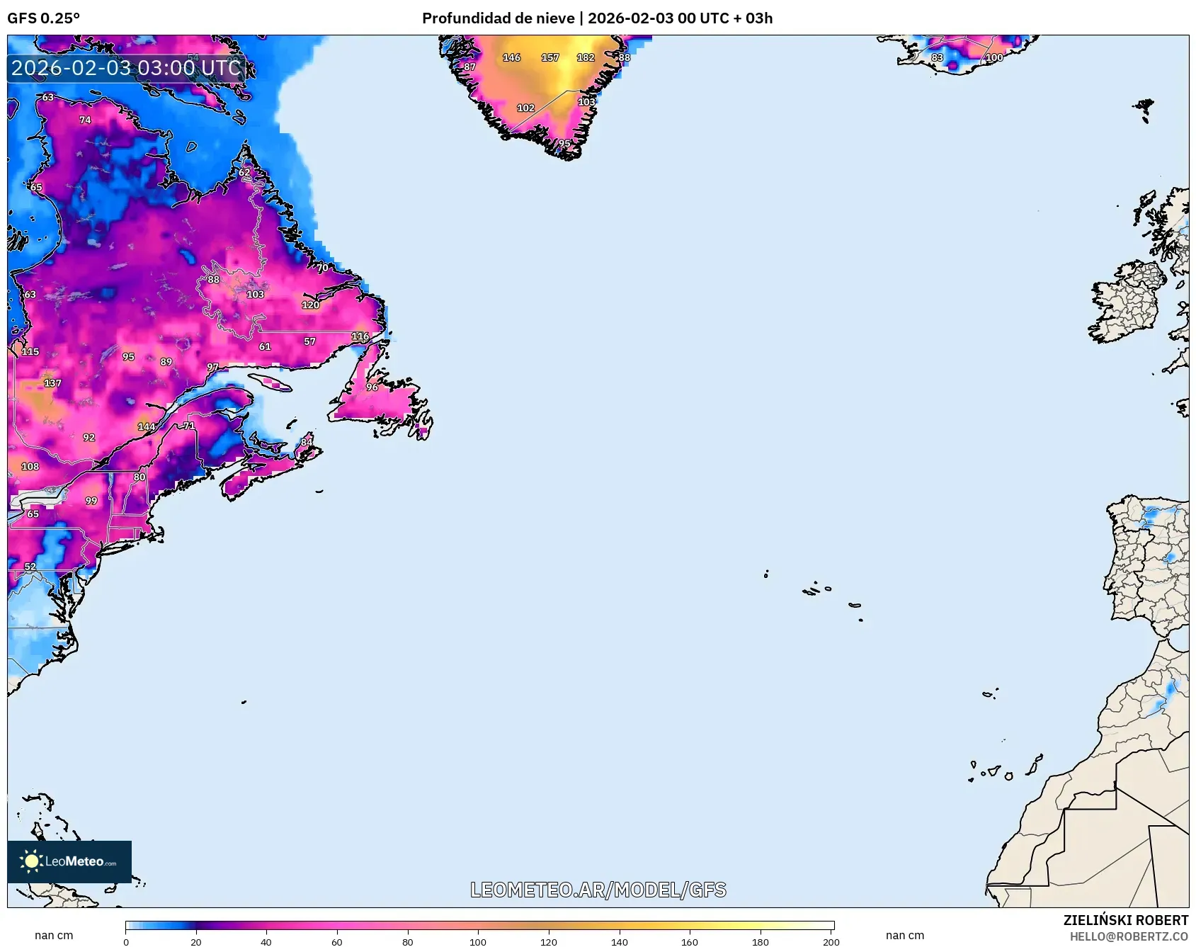 GFS model - Norte Atlántico, Profundidad de nieve