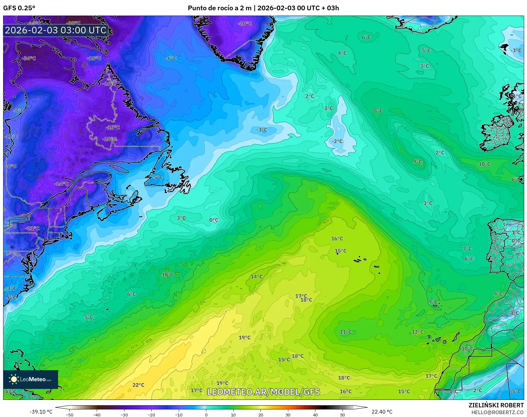 GFS model - Norte Atlántico, Punto de rocío a 2 m