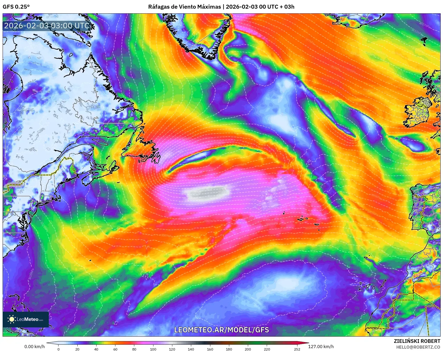 GFS model - Norte Atlántico, Ráfagas de Viento Máximas