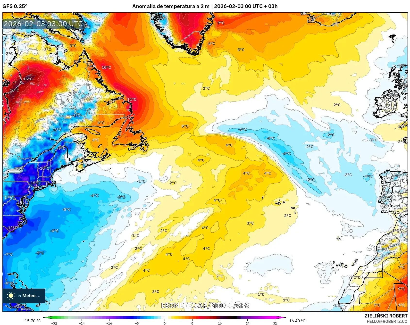 GFS model - Norte Atlántico, Anomalía de temperatura a 2 m