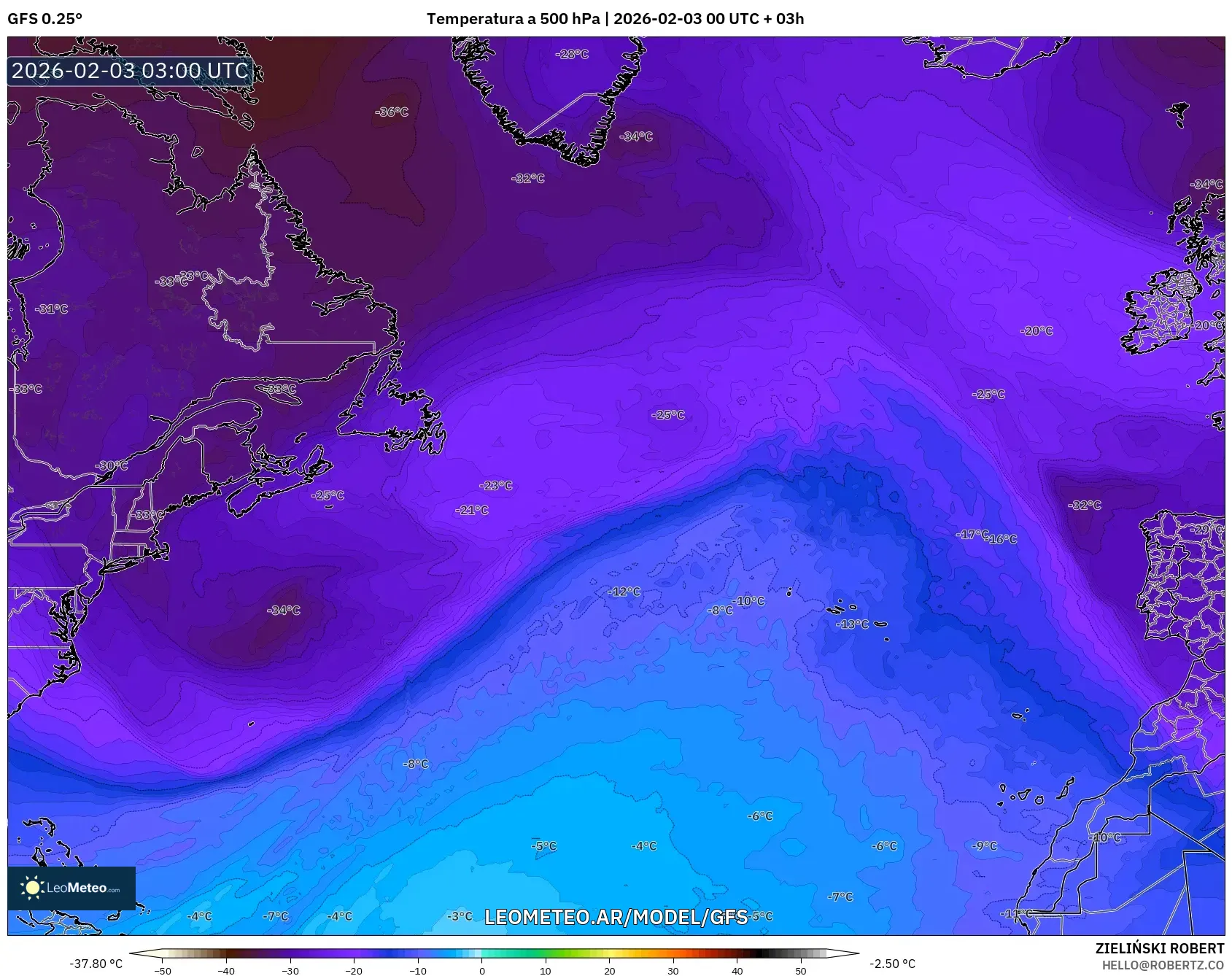 GFS model - Norte Atlántico, Temperatura a 500 hPa