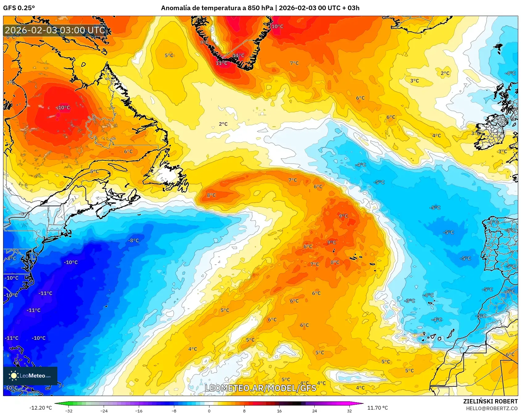 GFS model - Norte Atlántico, Anomalía de temperatura a 850 hPa
