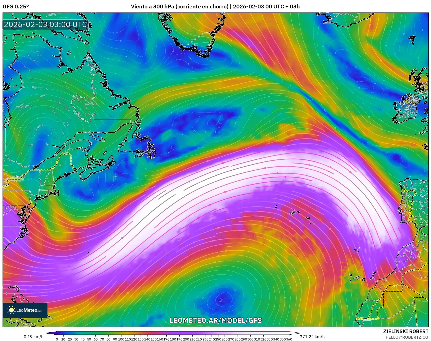 GFS model - Norte Atlántico, Viento a 300 hPa (corriente en chorro)