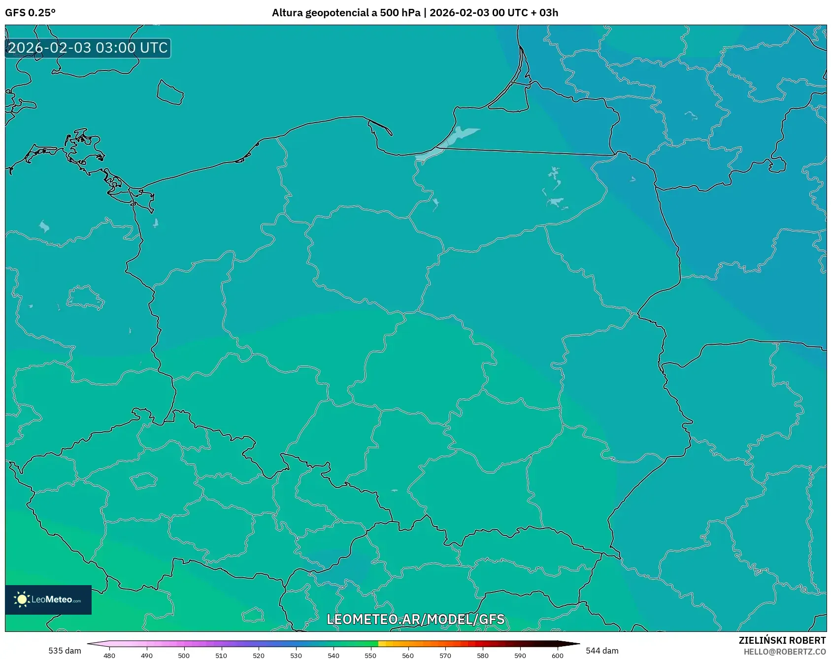 GFS model - Polonia, Altura geopotencial a 500 hPa