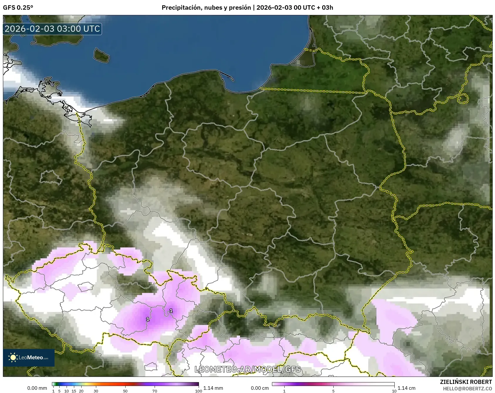 GFS model - Polonia, Precipitación, nubes y presión