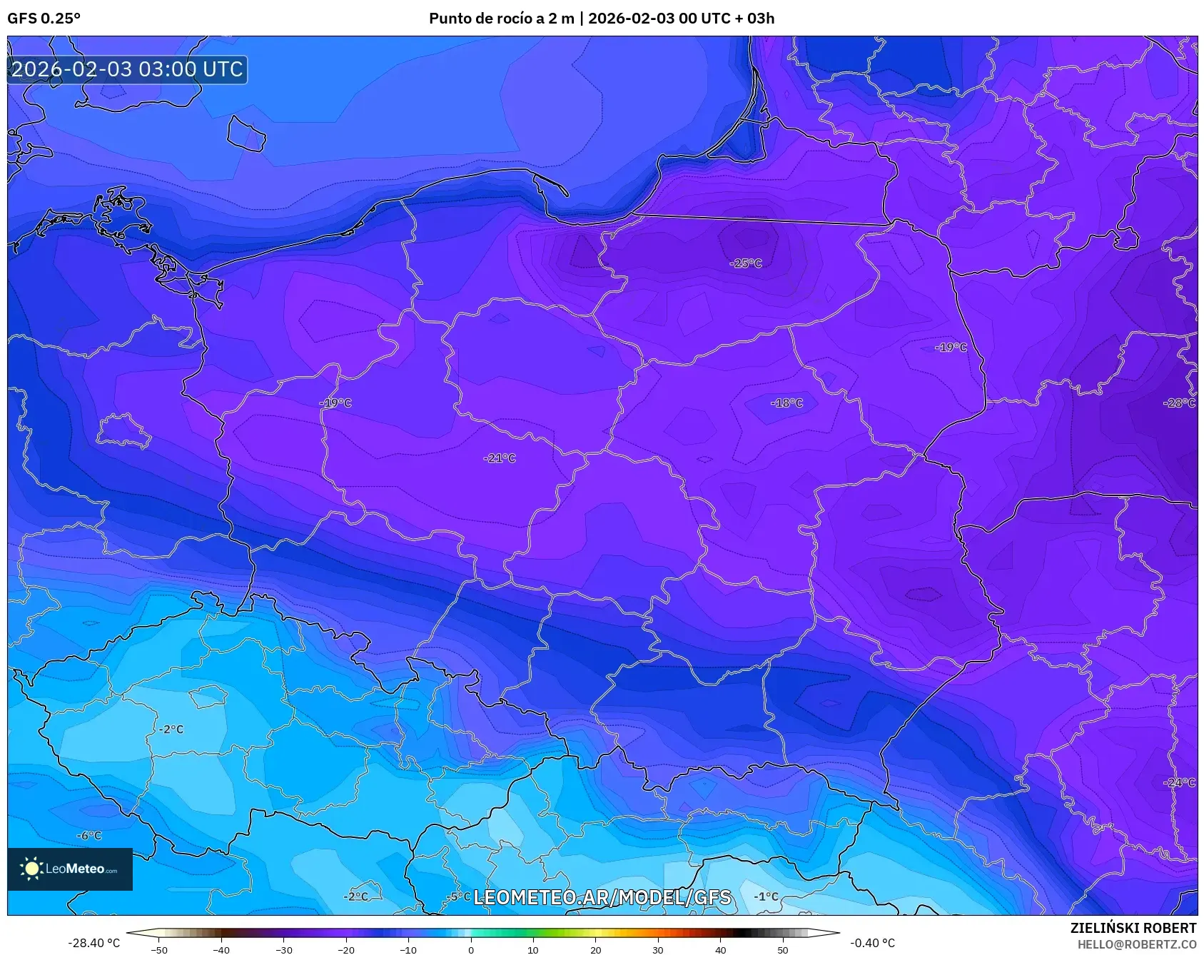 GFS model - Polonia, Punto de rocío a 2 m
