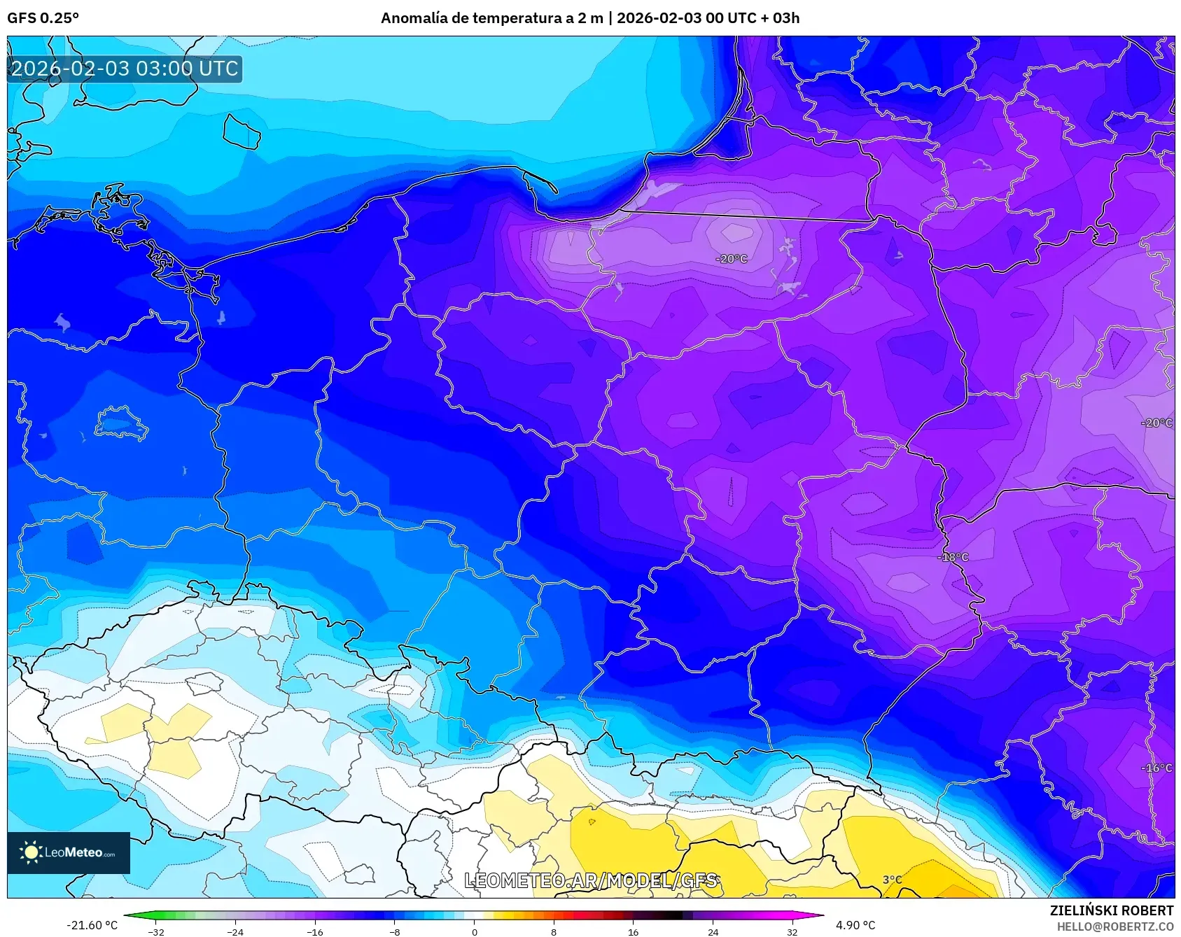 GFS model - Polonia, Anomalía de temperatura a 2 m