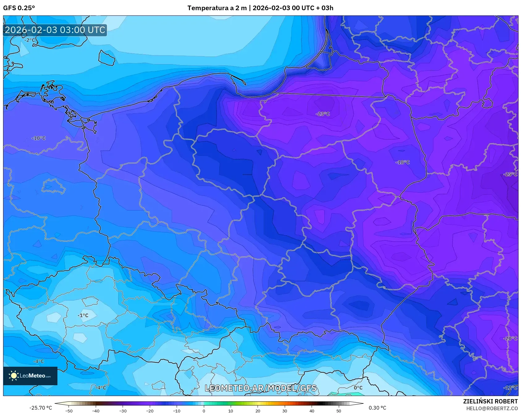 GFS model - Polonia, Temperatura a 2 m