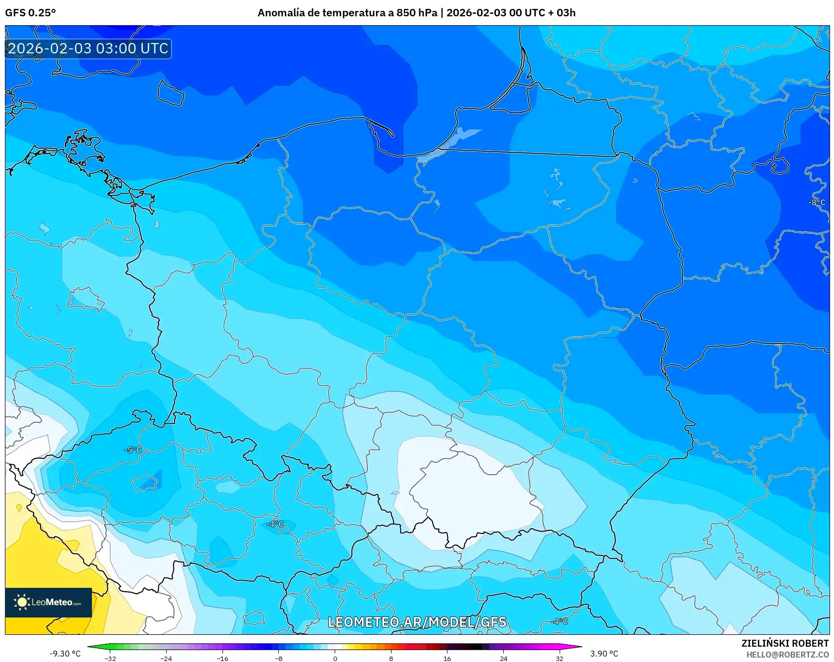 GFS model - Polonia, Anomalía de temperatura a 850 hPa