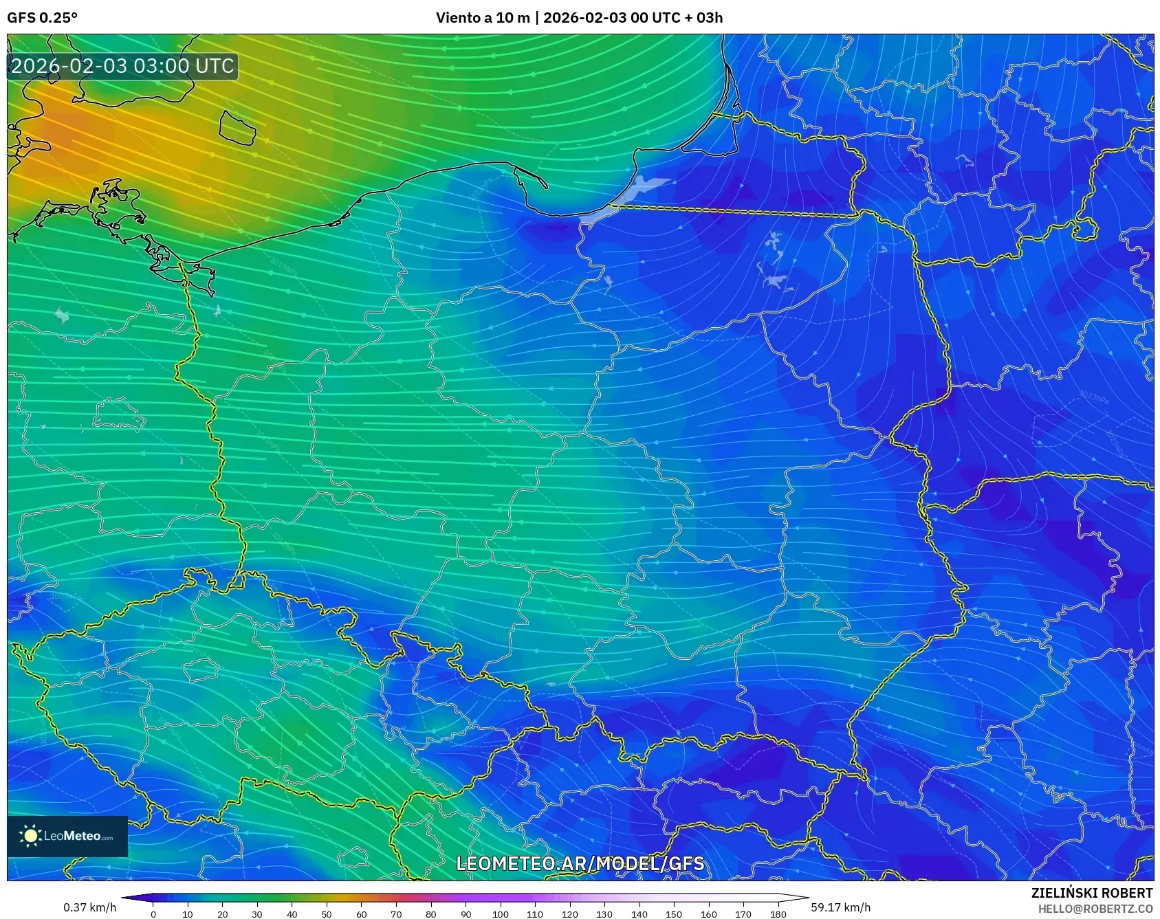 GFS model - Polonia, Viento a 10 m