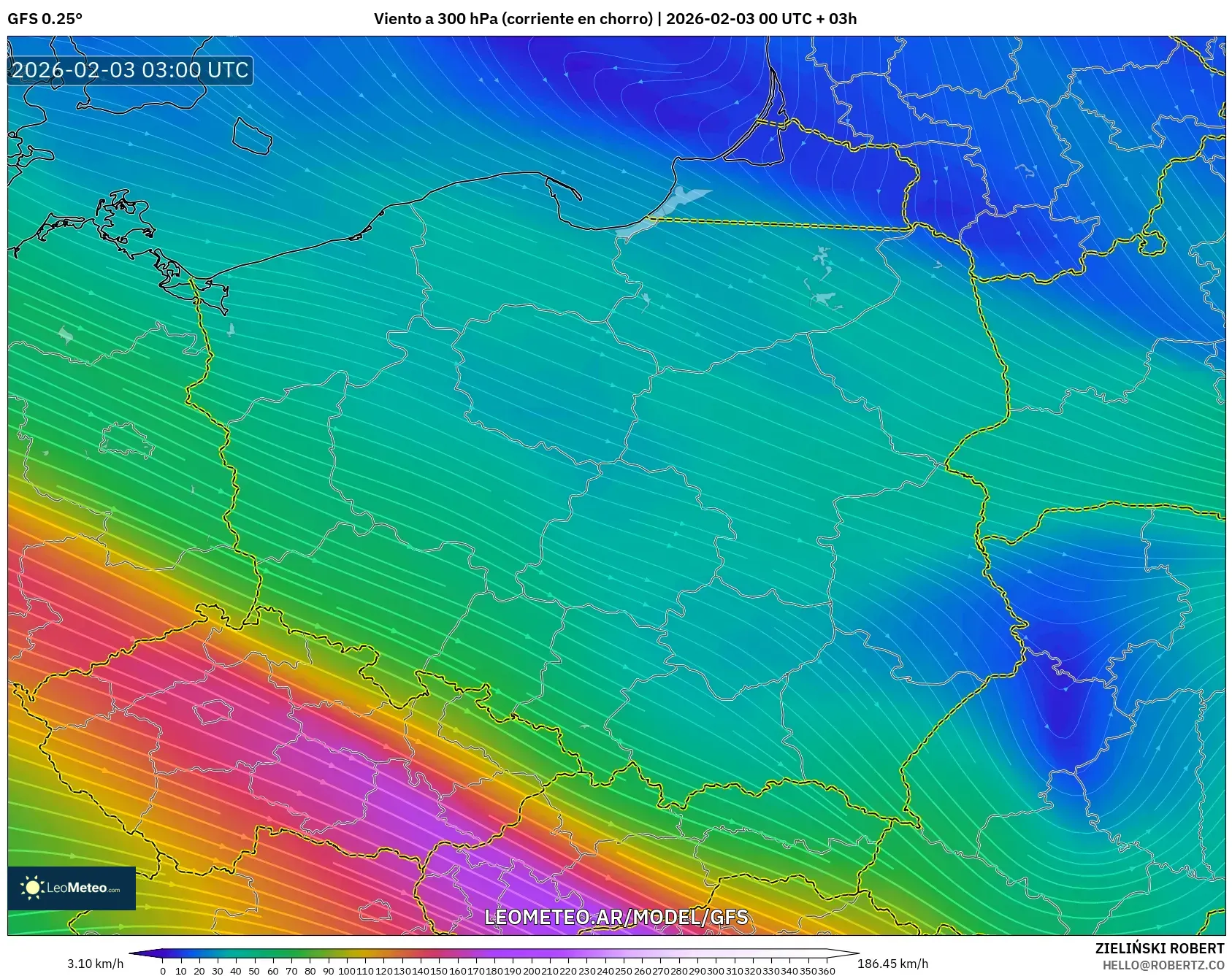 GFS model - Polonia, Viento a 300 hPa (corriente en chorro)