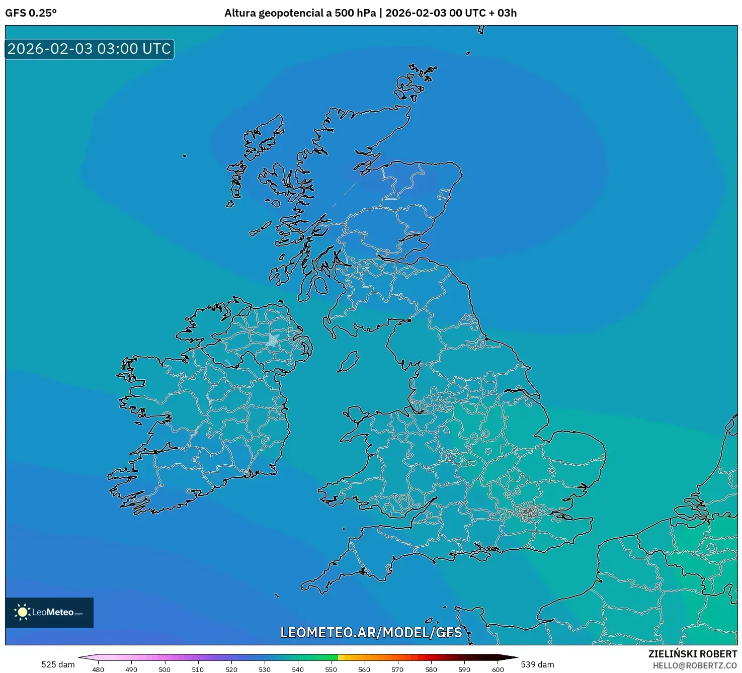 GFS model - Reino Unido, Altura geopotencial a 500 hPa