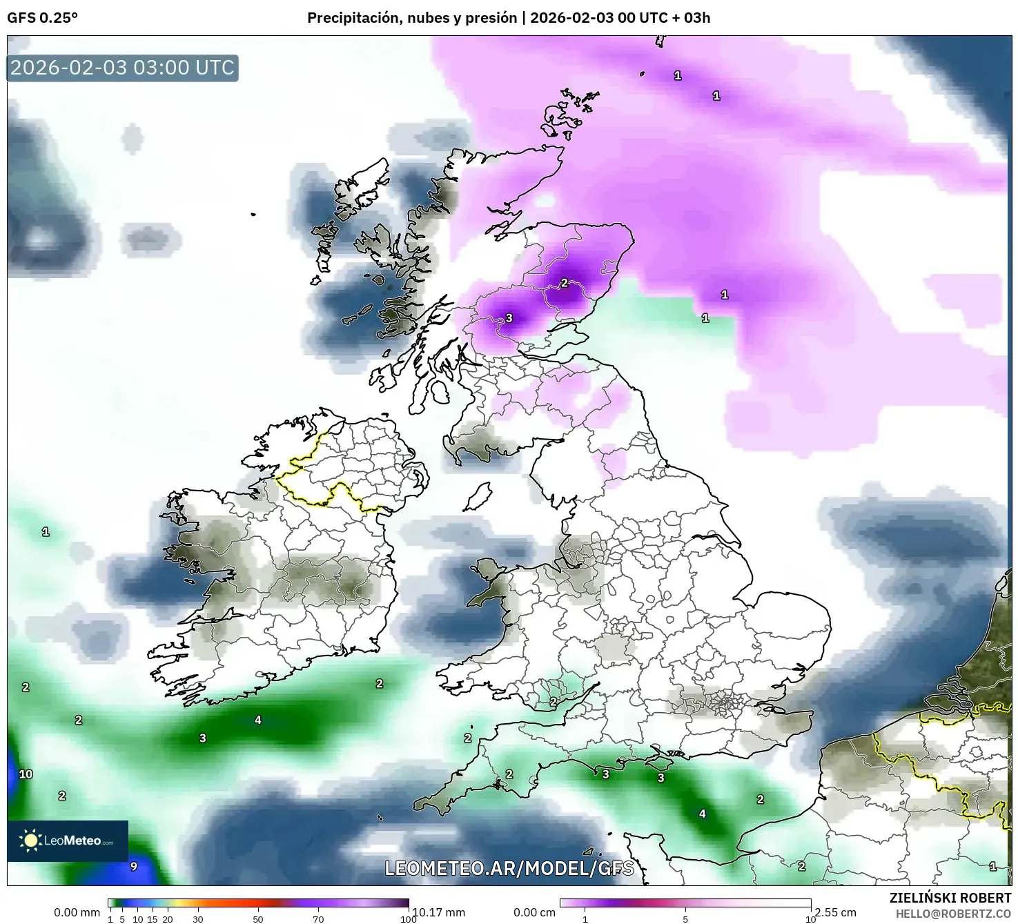 GFS model - Reino Unido, Precipitación, nubes y presión