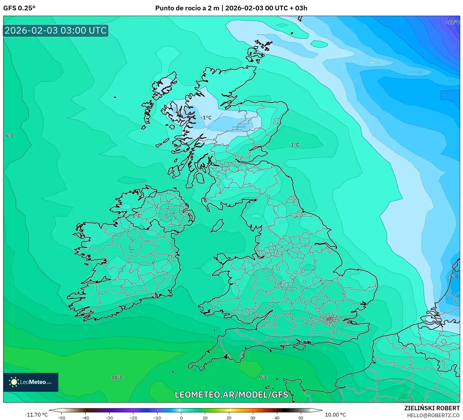 GFS model - Reino Unido, Punto de rocío a 2 m