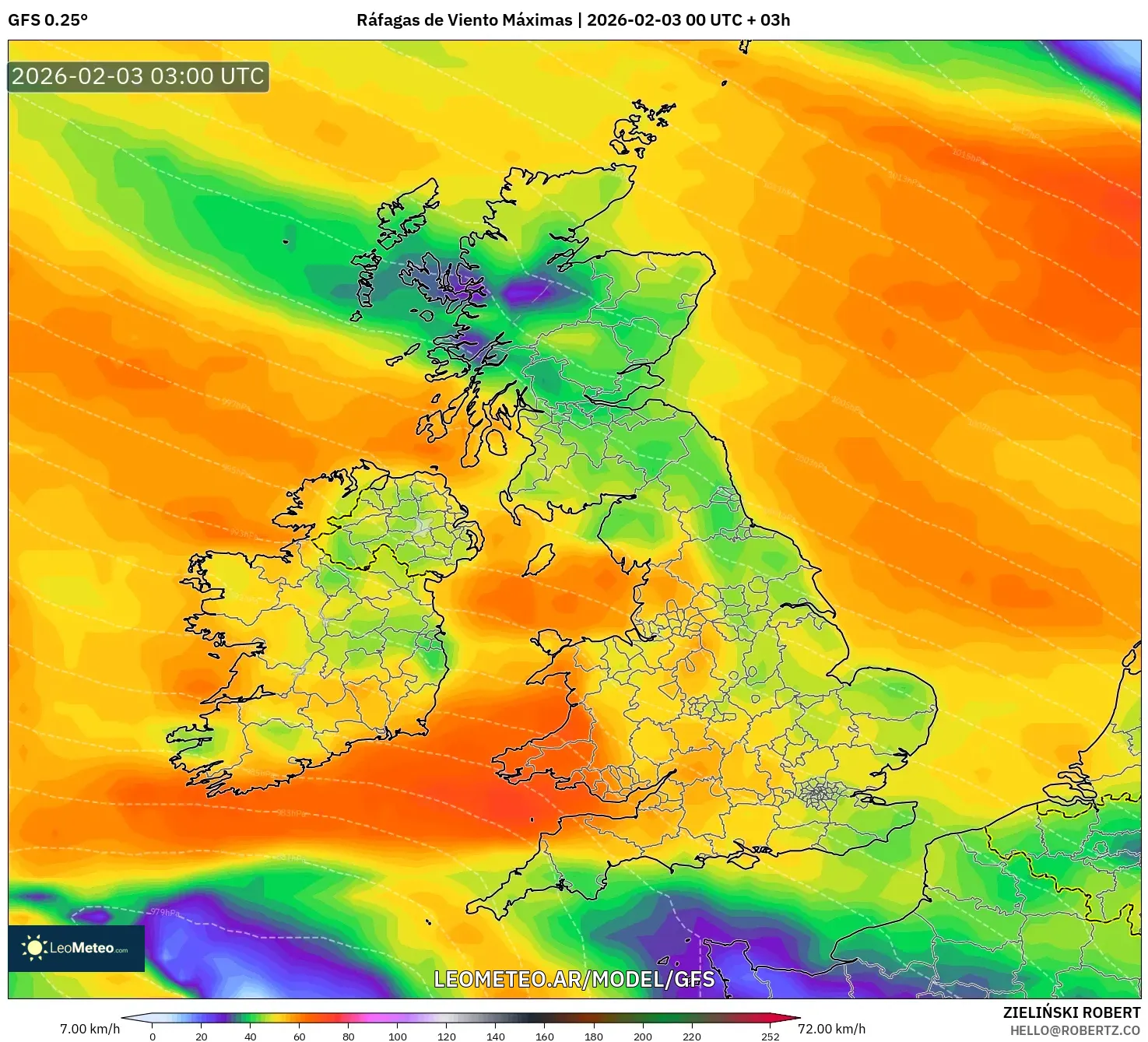 GFS model - Reino Unido, Ráfagas de Viento Máximas