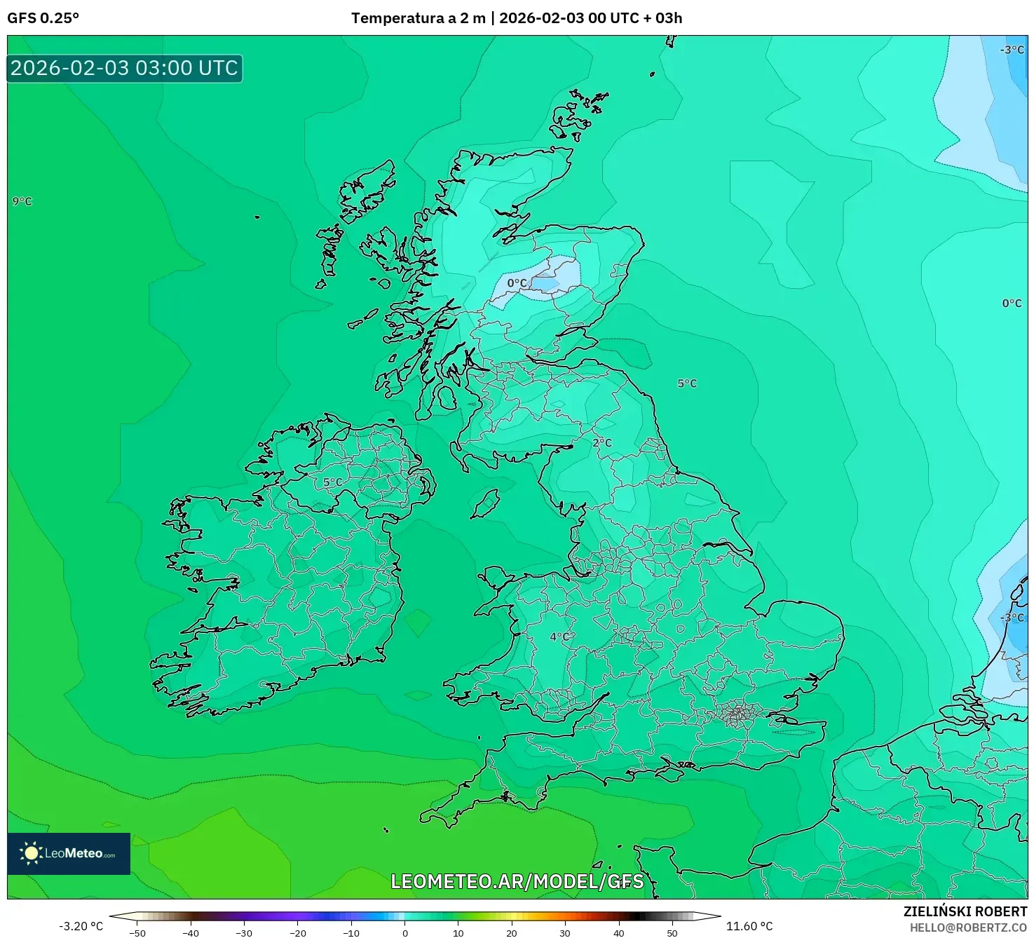 GFS model - Reino Unido, Temperatura a 2 m