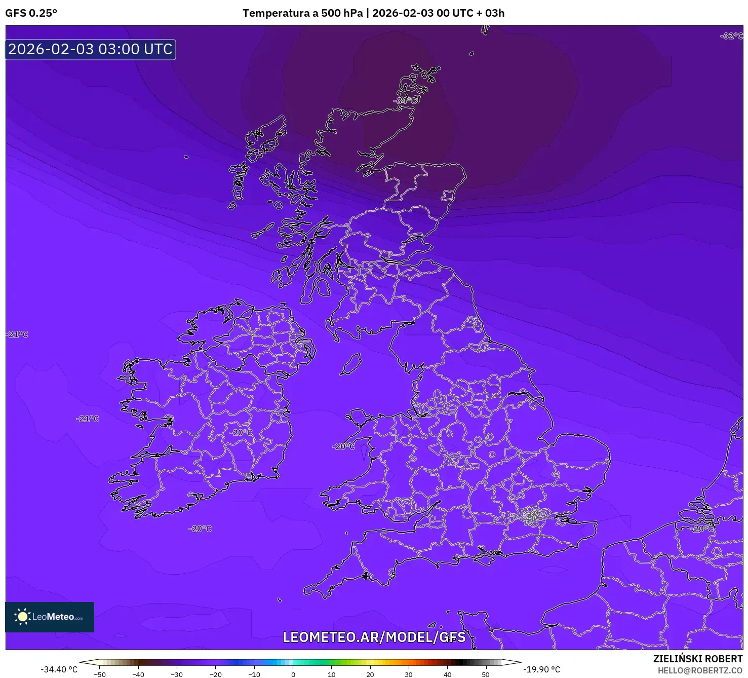 GFS model - Reino Unido, Temperatura a 500 hPa