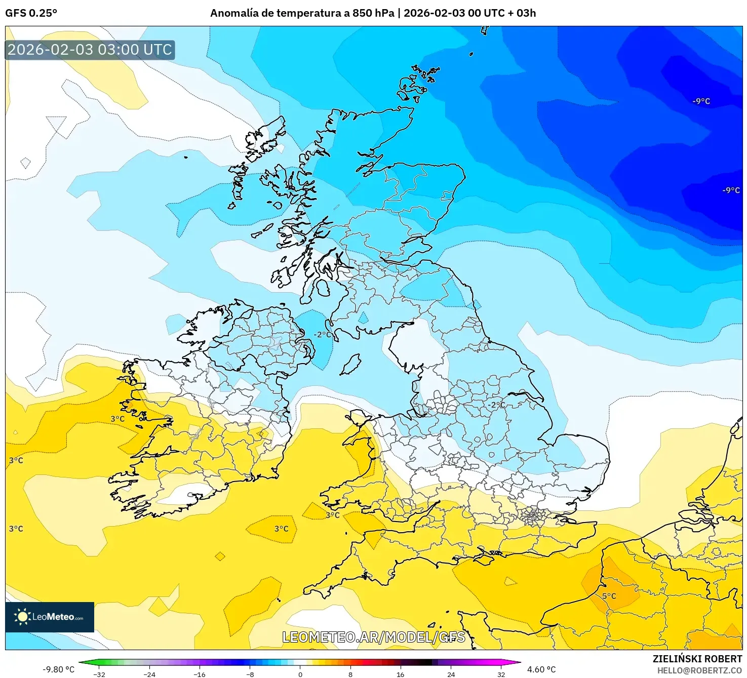 GFS model - Reino Unido, Anomalía de temperatura a 850 hPa