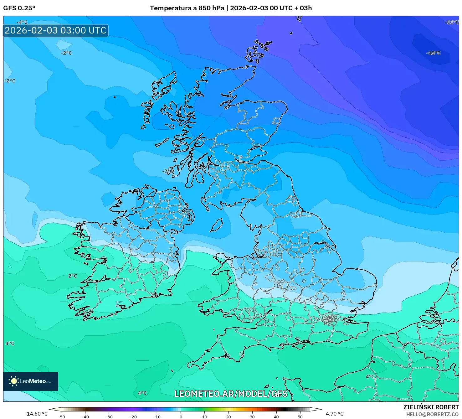 GFS model - Reino Unido, Temperatura a 850 hPa