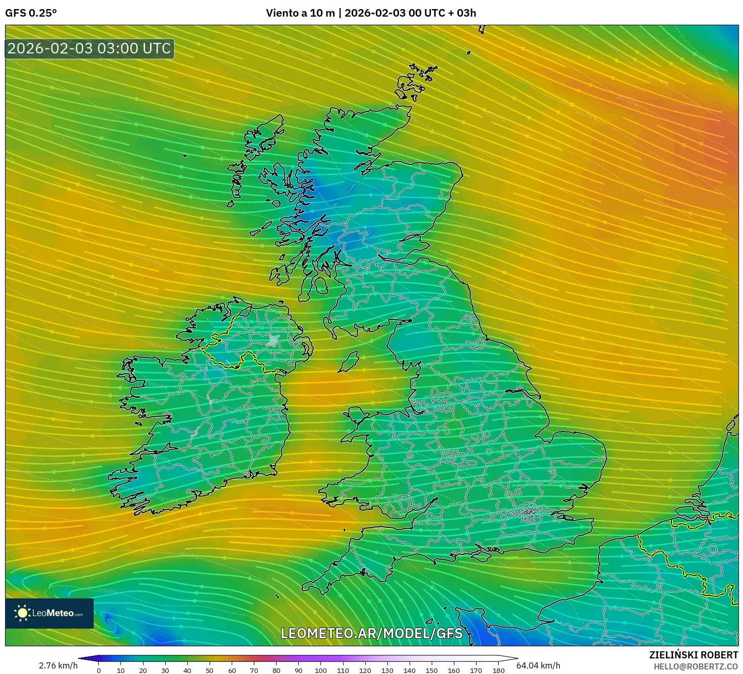 GFS model - Reino Unido, Viento a 10 m