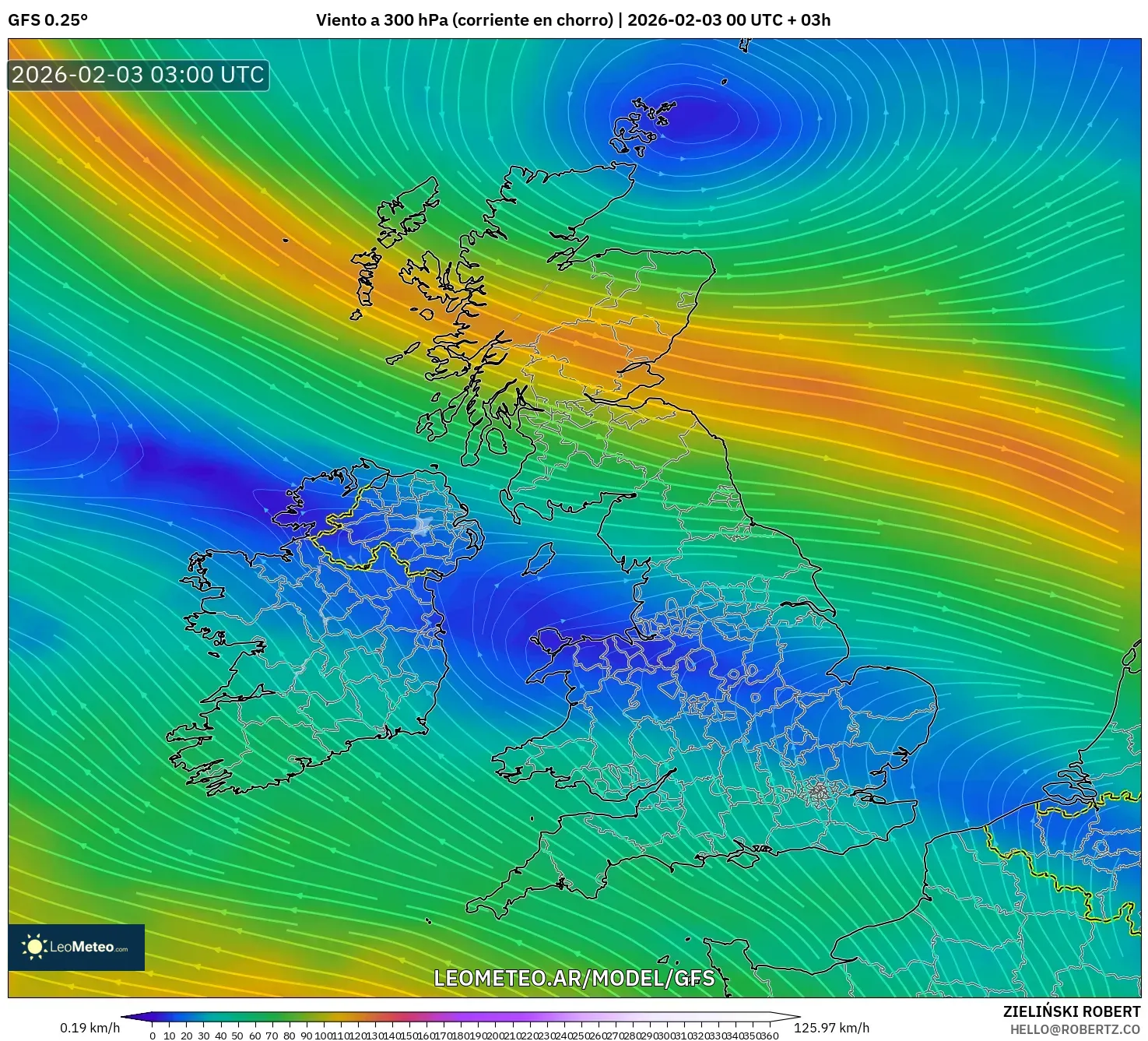 GFS model - Reino Unido, Viento a 300 hPa (corriente en chorro)