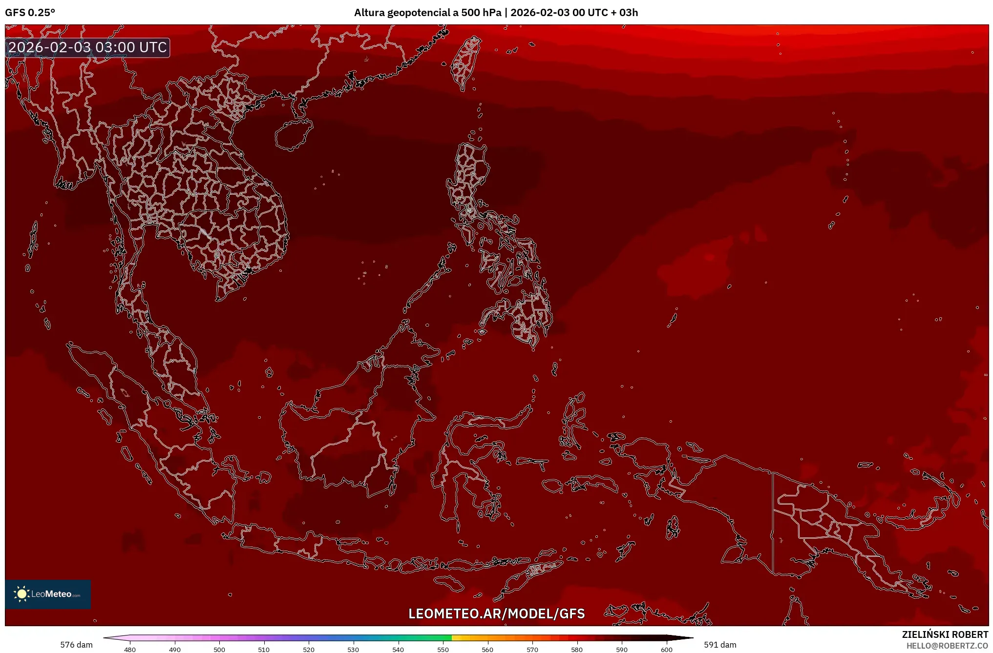 GFS model - Sudeste Asiático, Altura geopotencial a 500 hPa
