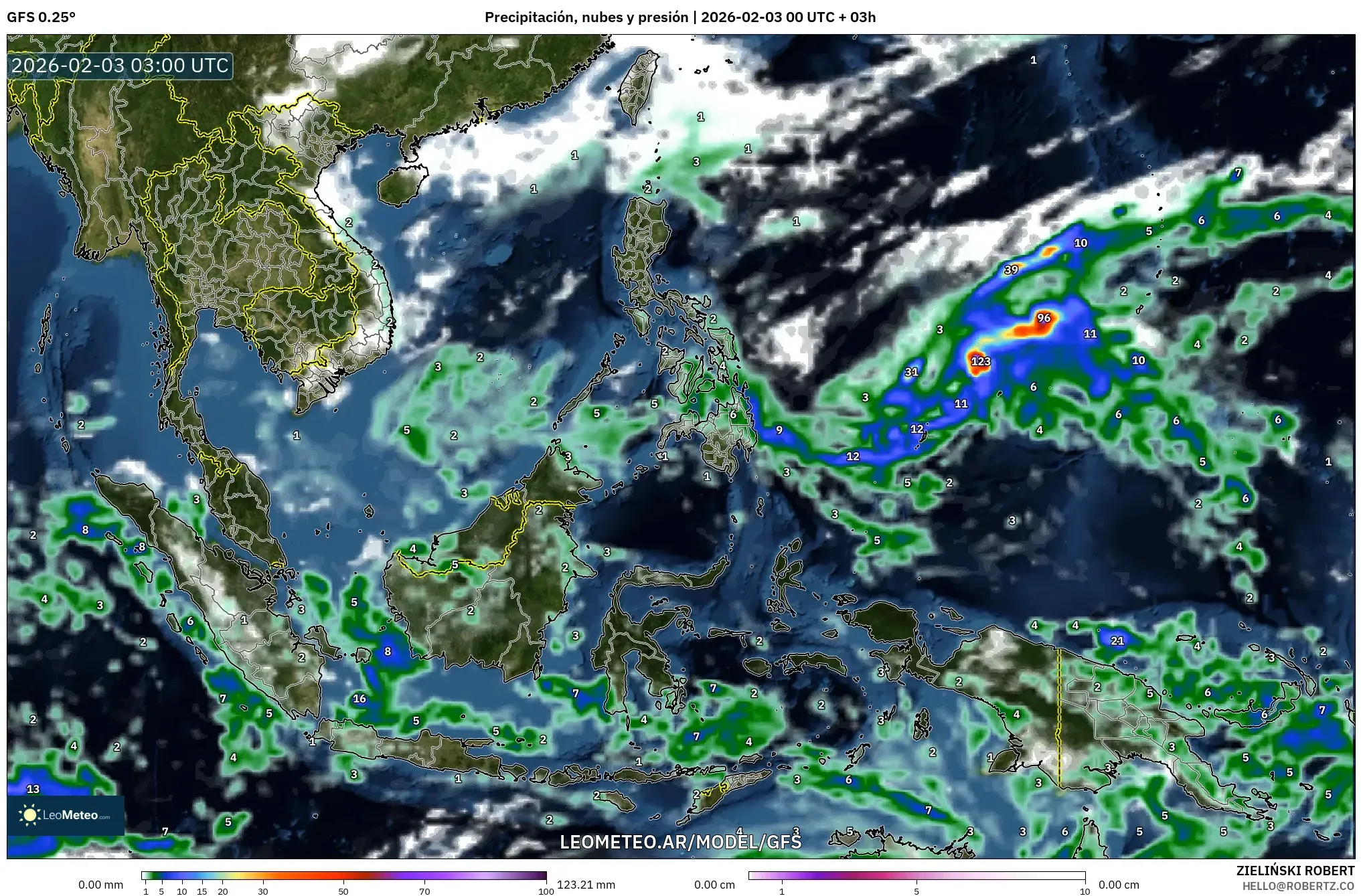 GFS model - Sudeste Asiático, Precipitación, nubes y presión