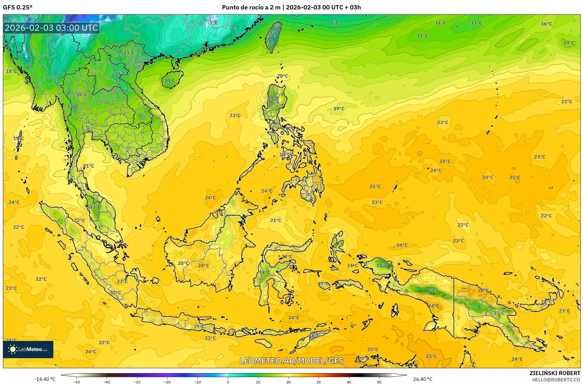GFS model - Sudeste Asiático, Punto de rocío a 2 m