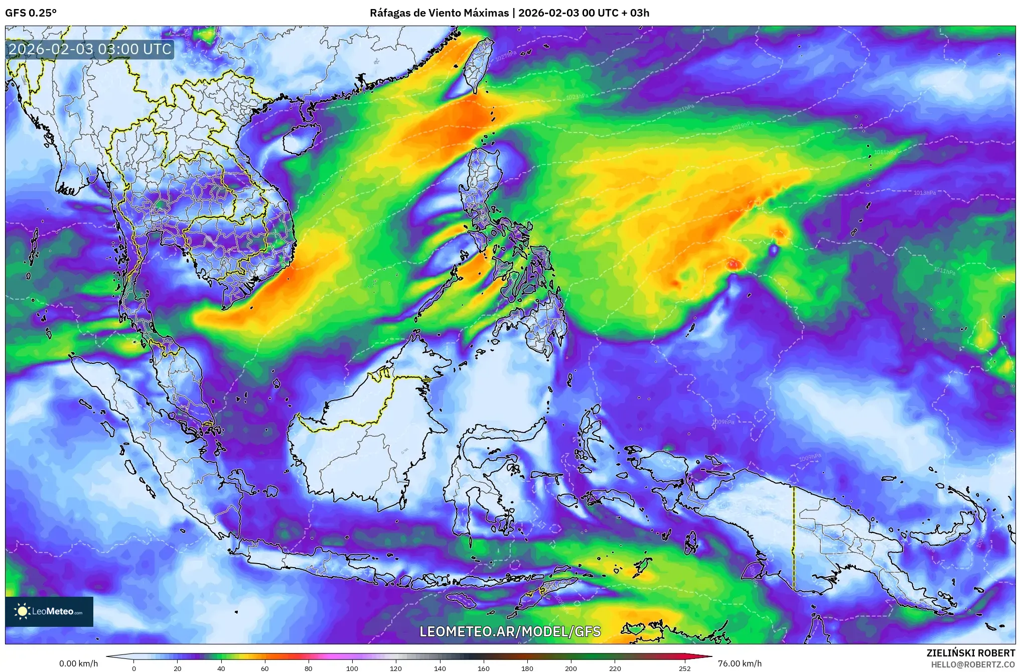 GFS model - Sudeste Asiático, Ráfagas de Viento Máximas