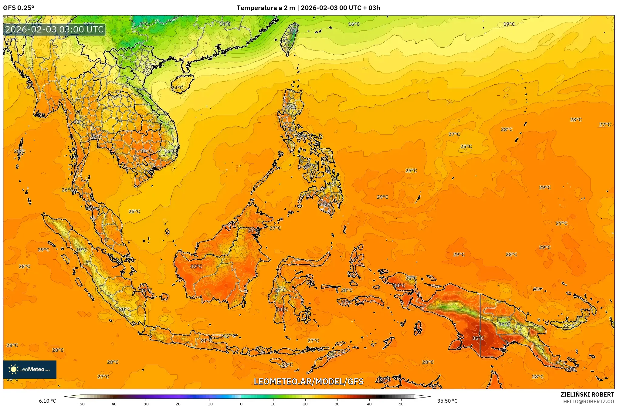 GFS model - Sudeste Asiático, Temperatura a 2 m