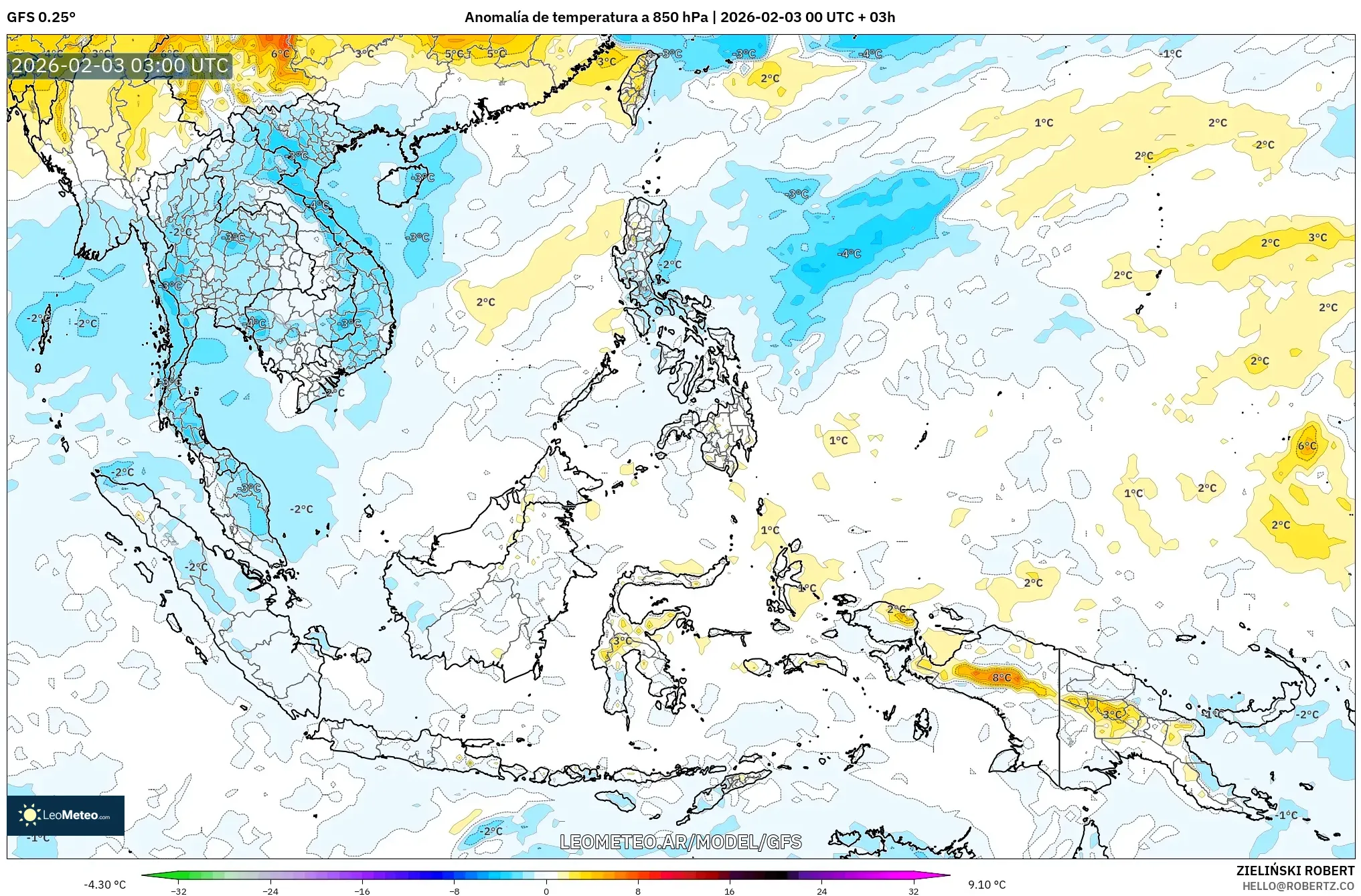 GFS model - Sudeste Asiático, Anomalía de temperatura a 850 hPa